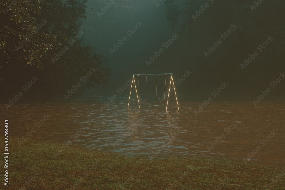 Aufkleber Mysterious Moody Forest Scene of Playground Swing Set Submerged in Rising Ocean Waters Symbolizing Climate Impact and Community Loss
