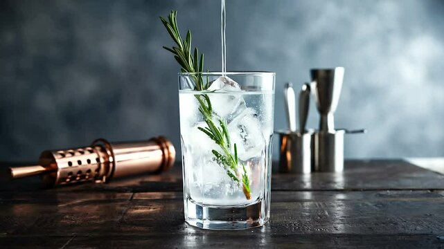 Refreshing cocktail with ice and rosemary garnish on a rustic wooden bar top, bar tools in background