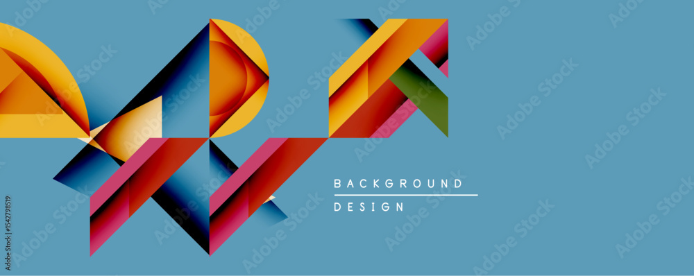 Poster abstract geometric shapes overlap, creating dynamic composition. vivid colorsorange, blue, red, purp