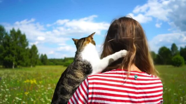 Woman holding cat in flower field outdoors. Back view of owner with shoulder feline. Human-cat bonding in nature.