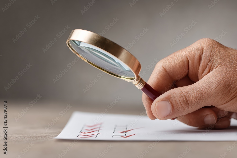 Poster Artistic Certificate Review with Magnifying Glass Focusing on Completed Checklist in Dramatic Chiaroscuro for Quality Control and Certification
