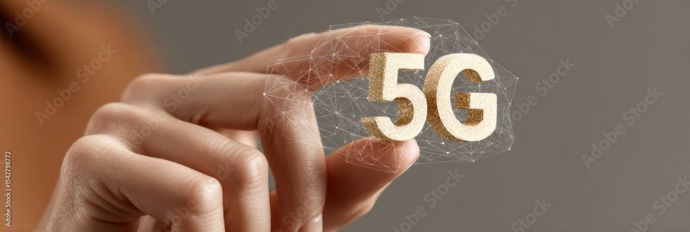 Poster businesswoman activating 5g network symbol with digital mesh connection for wireless innovation and 