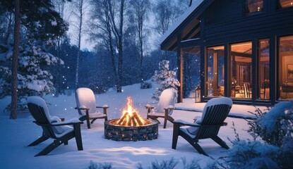 Snowy winter patio with fire pit, Adirondack chairs, and cozy cabin