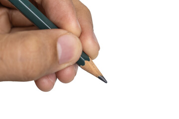close up of male hand holding pencil isolated on white background. transparent png