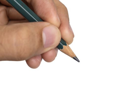 close up of male hand holding pencil isolated on white background. transparent png