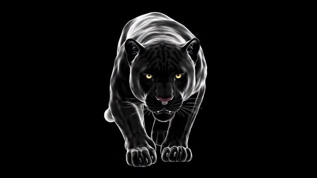 Dynamic black panther illustration on black background. Realistic panther artwork with intense yellow eyes. Forward-moving panther digital painting.