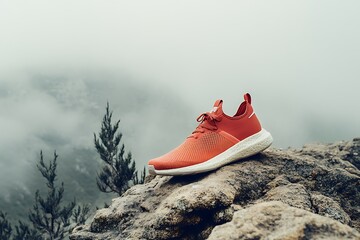Orange running shoe on a rock against a misty mountain backdrop for active lifestyle promotion
