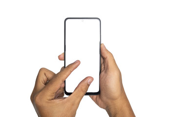 male hand holding and zooming or pinching smartphone with blank screen smartphone. isolated on white background. copy space. transparent png