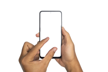 male hand holding and zooming or pinching smartphone with blank screen smartphone. isolated on white background. copy space. transparent png