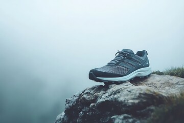 Trail running shoe on rocky peak with foggy mountain backdrop for outdoor adventure