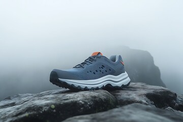Trail running shoe on a rock with misty mountain background for outdoor adventures