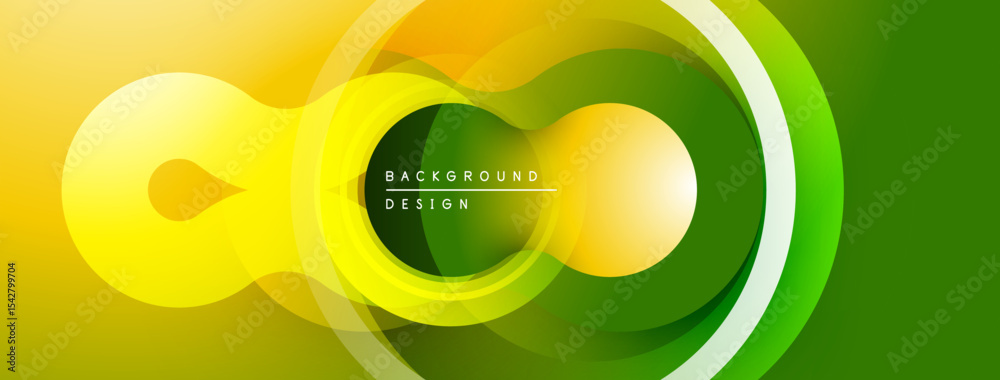 Poster Abstract vibrant design. Overlapping circles create dynamic flow, gradients shift from yellow to green. Modern aesthetic.