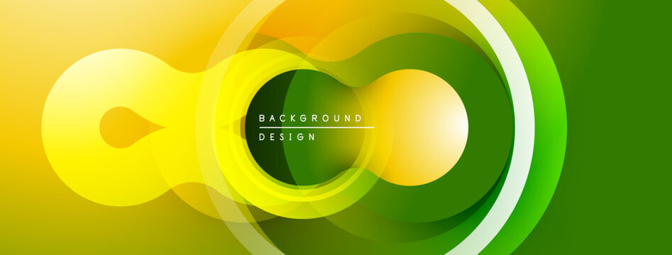 Abstract vibrant design. Overlapping circles create dynamic flow, gradients shift from yellow to green. Modern aesthetic.