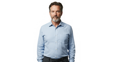 Stern portrait of a mature man in a light blue shirt against transparent background