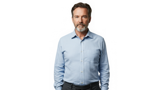 Stern portrait of a mature man in a light blue shirt against transparent background