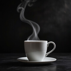 A plain white coffee cup with a thin, swirling trail of steam forming an elegant pattern above it, against a dark, dramatic background. Evocative, mysterious.
