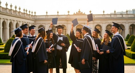 A group of graduates in gowns and caps celebrating their graduation in a courtyard with diplomas raised
