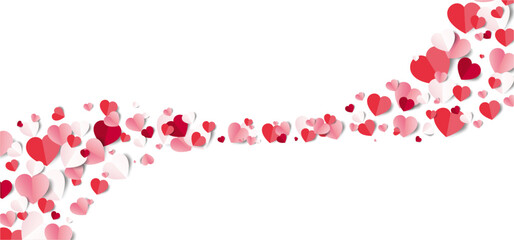 Valentine's Day romantic banner background with a flowing stream of red and pink hearts.
