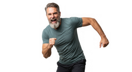 Energetic man runs determinedly, face etched with intensity against a transparent background v x.