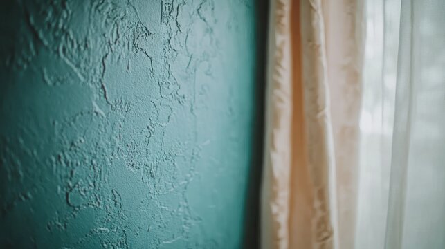 Textured teal wall with blurred, flowing, peach curtains