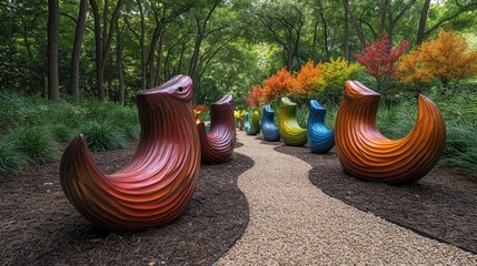Colorful sculpted benches in a park pathway