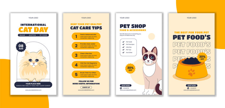 Flat Cartoon Cat Illustration for International Cat Day Social Media Celebration Stories