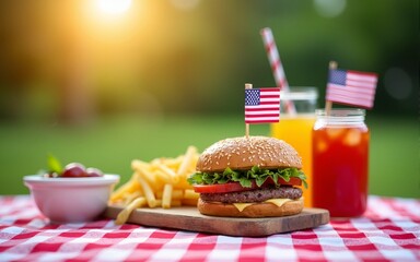 Picnic party for Fourth of July, Memorial Day, USA Independence Day concept outdoor. Patriotic, American food, burgers, drinks, american flag. High quality