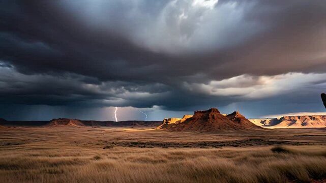 360 VR Seamless Desert Canyon Loop with Lightning Flickers, Storm Clouds, and Saguaro Cactus at Dusk, Arizona USA style