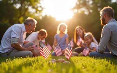 Backyard Memorial Day barbecue with American flags. Family, friends gather, celebrate holiday. Children play, enjoy festive atmosphere. Sunny sky, party, food, drink. Patriotic celebration of