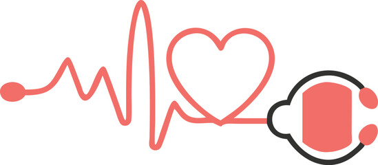 Stethoscope and a silhouette of the heart and ECG. vector Illustration