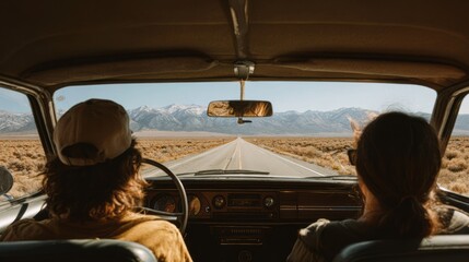 Couple driving vintage car through desert road with mountains ahead in background, concept of travel, freedom and solitude, road trip concept.