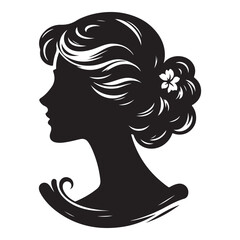 A black and white vector silhouette of a romantic cameo design with vintage charm on a white background.
