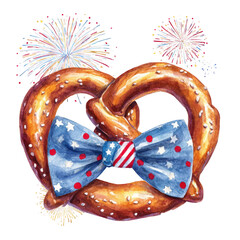 Festive Fourth of July Pretzel with Patriotic Bow Tie and Fireworks Background, transparent background