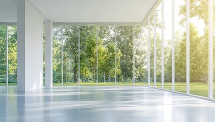 Fototapeta premium Empty modern space with large windows overlooking a lush park
