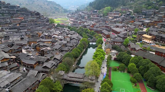 Guizhou, China-APR 06, 2025- Xijiang Miao Village, also known as Xijiang Qianhu Miao Village, is the largest Miao ethnic village in the world, located in Guizhou, China.