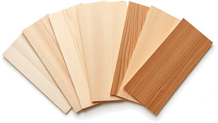  A Fan-like arrangement of wooden veneer samples on a white background. The samples are displayed in a semi-circular layout