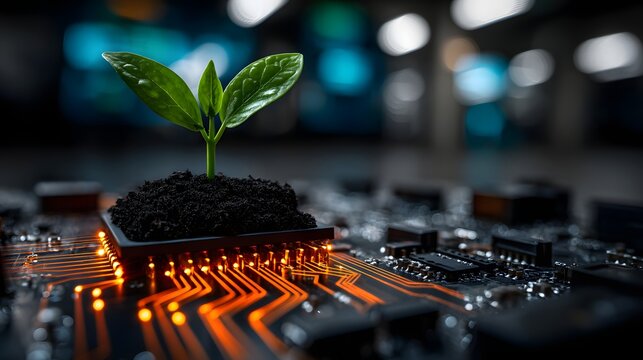 Grüne Pflanze auf Leiterplatte als Symbol für nachhaltige Technologie