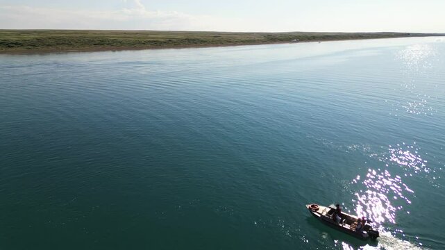 Boating. Lake Balkhash. Water trips during the holidays. The view from the drone.