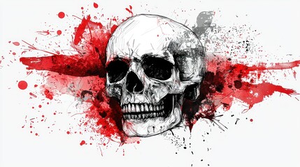 Trash Polka tattoo with red paint splashes and realistic skull