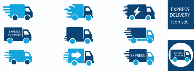 Express delivery icon se . Express delivery trucks icons. Fast shipping truck. Free delivery 24 hours. Logistic trucking sign. Vector illustration