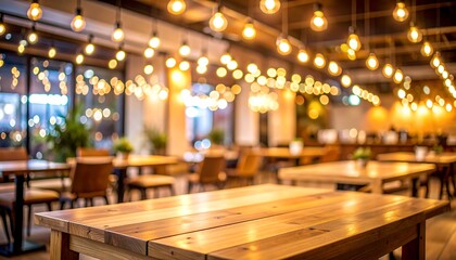 Warm and inviting cafe interior featuring rustic wooden tables and soft, blurred ambient lighting