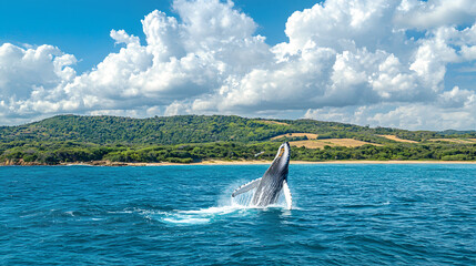 Fototapeta premium Epic view of a humpback whale breaching outside the water during a whale watching with tourists