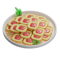 3D illustration of Kue Lebar Padang, a traditional Indonesian cookie typically served during festive occasions, featuring a sweet, bite-sized treat with red accents.
