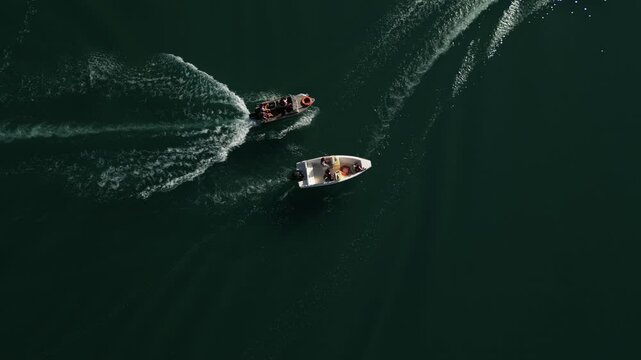 Boating. Lake Balkhash. Water trips during the holidays. The view from the drone.