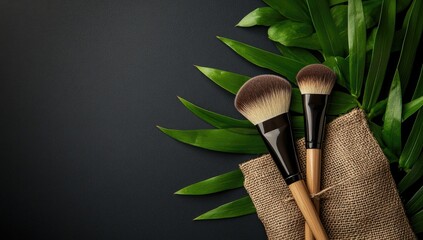 Makeup brushes on dark background with palm leaves