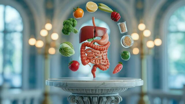 Human digestive system 3 d model with colorful food animation