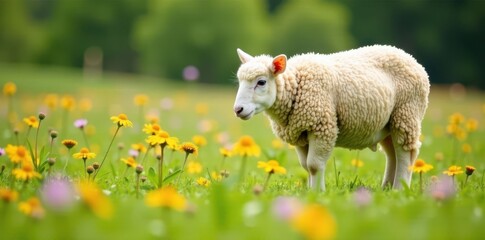Obraz premium Fluffy sheep graze peacefully amidst wildflowers , flowers, pretty, cute