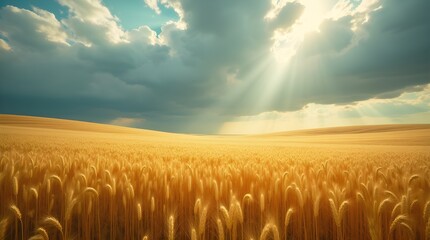 a golden wheat field stretching to the horizon under a dramatic cloudy sky, sun rays breaking through the clouds, motion blur on swaying stalks 