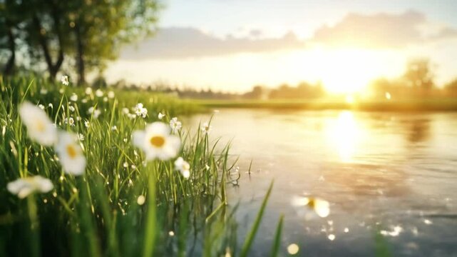 Tranquil meadow at sunset by waters edge