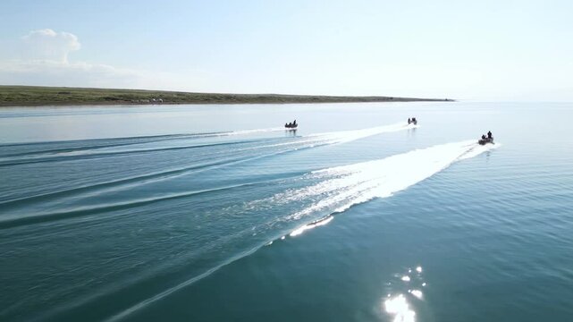 Boating. Lake Balkhash. Water trips during the holidays. The view from the drone.